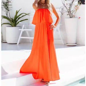 Vici Dolls VIVID STRAPLESS SLIT MAXI DRESS - BRIGHT ORANGE
